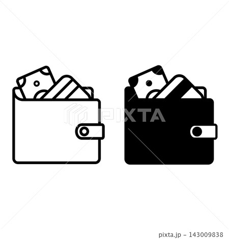 Wallet icons. Black and White Vector Icons. Wallet with Money and Bank Card. Business and Finance Concept 143009838