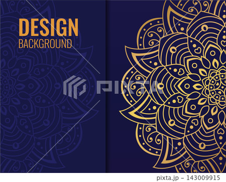 banner with gold beautiful mandala. Golden flower on dark background. Decorative ornate round mandala. Invitation, wedding card. banner with gold beautiful mandala. Golden flower on dark background. Decorative ornate round mandala. Invitation, wedding card. 143009915