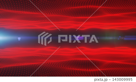Abstract red digital particle wave with glowing dotted grids, dark horizon, and futuristic light streaks. Abstract red digital particle wave with glowing dotted grids, dark horizon, and futuristic light streaks. 143009995