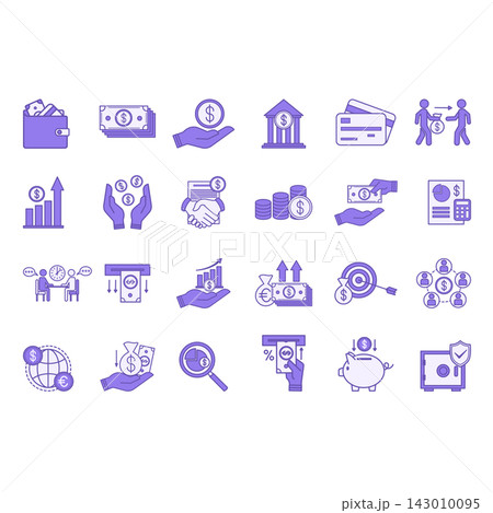 Colored Set of Finance Icons. Vector Icons of Money, Credit Cards, Lender, Increasing Income, Budget, Deposit, Withdrawing Money, Financial Monitoring, Bank, Mutual Fund, and Other 143010095