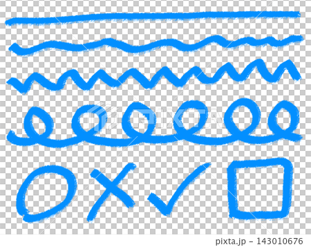 A set of blue hand-drawn lines and circles, crosses, and checkmarks with a transparent background. A set of blue hand-drawn lines and circles, crosses, and checkmarks with a transparent background. 143010676