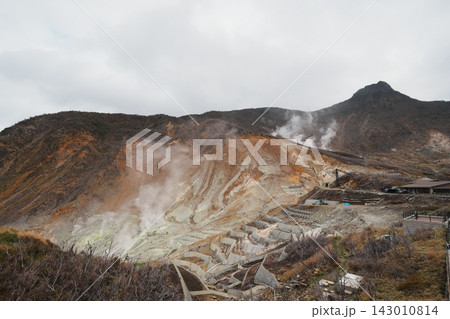 噴気が立ちのぼる硫黄に染まった火山の谷 噴気が立ちのぼる硫黄に染まった火山の谷 143010814