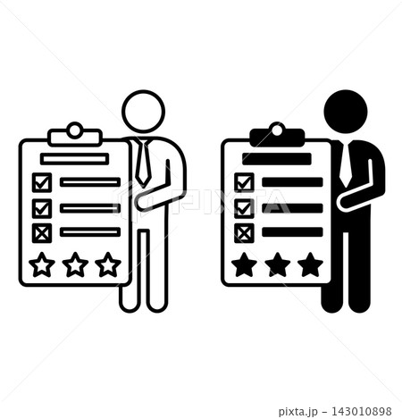 Icons Assessment. Black and White Vector Icons of Employee with Evaluation Rating. Personal Audit and Testing. Human Resource Management Concept 143010898