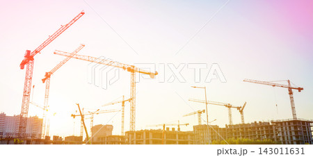 Construction site banner for Web site. Construction of Buildings. Tower Crane on formworks 143011631