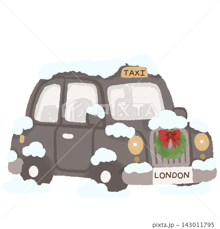 Snowy Black London Taxi with Christmas Wreath Traditional British Cab Winter Holiday England United Kingdom Festive Travel Illustration 143011795