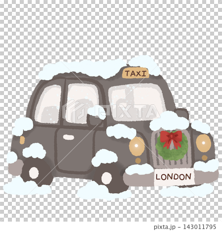 Snowy Black London Taxi with Christmas Wreath Traditional British Cab Winter Holiday England United Kingdom Festive Travel Illustration 143011795