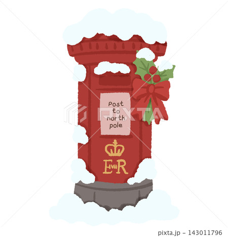 Snowy Red British Post Box with Holly Red Bow North Pole Christmas Mail Winter Holiday England United Kingdom Festive Illustration Snowy Red British Post Box with Holly Red Bow North Pole Christmas Mail Winter Holiday England United Kingdom Festive Illustration 143011796