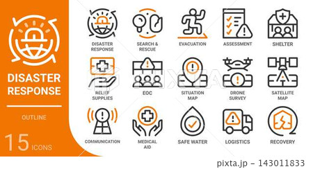disaster response outline icon set,15 vector icons 143011833