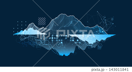 Digital wireframe mountain landscape with technology network and data grid 143011841