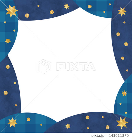 【透過PNG】クリスマス四方フレーム 青ネイビーギンガムチェックと水彩 金の星 143011870