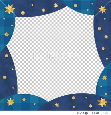 【透過PNG】クリスマス四方フレーム 青ネイビーギンガムチェックと水彩 金の星 143011870