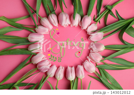 Beautiful tulips on pink background, flat lay. Hello spring Beautiful tulips on pink background, flat lay. Hello spring 143012012