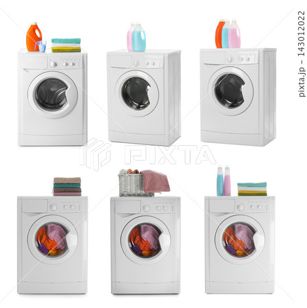 Set with modern washing machines on white background 143012022