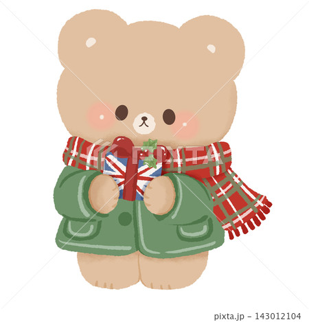 Cute Brown Bear Holding Union Jack Christmas Gift Wearing Green Winter Coat and Red Tartan Scarf London Christmas Holiday British Travel Illustration Cute Brown Bear Holding Union Jack Christmas Gift Wearing Green Winter Coat and Red Tartan Scarf London Christmas Holiday British Travel Illustration 143012104