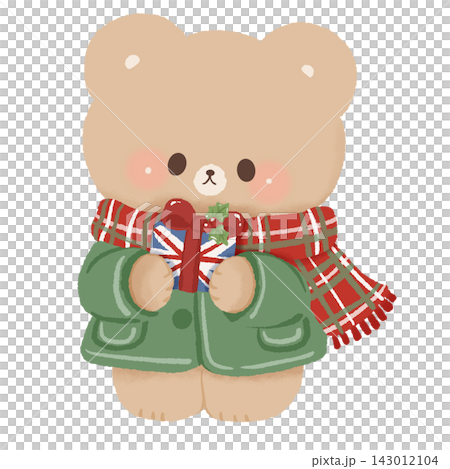 Cute Brown Bear Holding Union Jack Christmas Gift Wearing Green Winter Coat and Red Tartan Scarf London Christmas Holiday British Travel Illustration Cute Brown Bear Holding Union Jack Christmas Gift Wearing Green Winter Coat and Red Tartan Scarf London Christmas Holiday British Travel Illustration 143012104