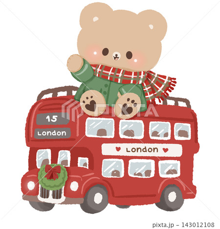 Cute Brown Bear Riding on Red London Double Decker Bus Wearing Green Coat and Tartan Scarf Christmas Winter British Travel Holiday Illustration 143012108