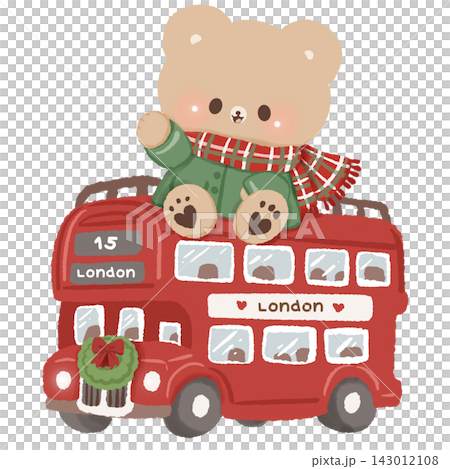 Cute Brown Bear Riding on Red London Double Decker Bus Wearing Green Coat and Tartan Scarf Christmas Winter British Travel Holiday Illustration 143012108