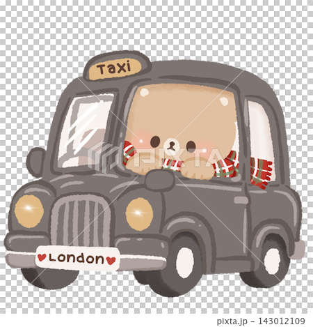 Cute Brown Bear Riding in Classic Black London Taxi Wearing Red Tartan Scarf Cozy Christmas Winter British Holiday Travel Illustration Cute Brown Bear Riding in Classic Black London Taxi Wearing Red Tartan Scarf Cozy Christmas Winter British Holiday Travel Illustration 143012109