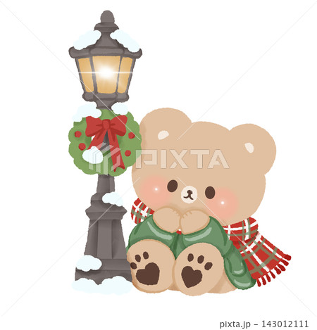 Cute Brown Bear Sitting Beside Snowy London Street Lamp with Christmas Wreath Wearing Green Coat and Tartan Scarf Winter Holiday Illustration 143012111