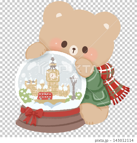 Cute Brown Bear with London Snow Globe Featuring Big Ben and Red Double Decker Bus Cozy Christmas Winter British Holiday Illustration Cute Brown Bear with London Snow Globe Featuring Big Ben and Red Double Decker Bus Cozy Christmas Winter British Holiday Illustration 143012114
