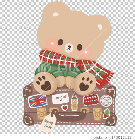 Cute Brown Bear Sitting on Vintage London Travel Suitcase with British Stickers Tartan Scarf Cozy Christmas Winter Holiday Illustration Cute Brown Bear Sitting on Vintage London Travel Suitcase with British Stickers Tartan Scarf Cozy Christmas Winter Holiday Illustration 143012115