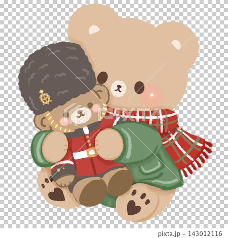 Cute Brown Bear Hugging Royal Guard Teddy Bear Wearing Green Coat and Red Tartan Scarf Cozy London Christmas British Holiday Illustration Cute Brown Bear Hugging Royal Guard Teddy Bear Wearing Green Coat and Red Tartan Scarf Cozy London Christmas British Holiday Illustration 143012116
