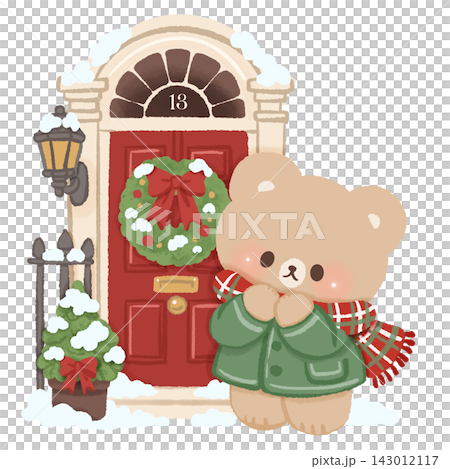 Cute Brown Bear Standing Beside Red London Door with Christmas Wreath and Snow Cozy British Winter Holiday Christmas Illustration Cute Brown Bear Standing Beside Red London Door with Christmas Wreath and Snow Cozy British Winter Holiday Christmas Illustration 143012117