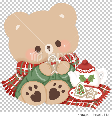 Cute Brown Bear Enjoying Christmas Tea and Gingerbread Cookies Wearing Green Coat and Tartan Scarf Cozy British Winter Holiday Illustration 143012118