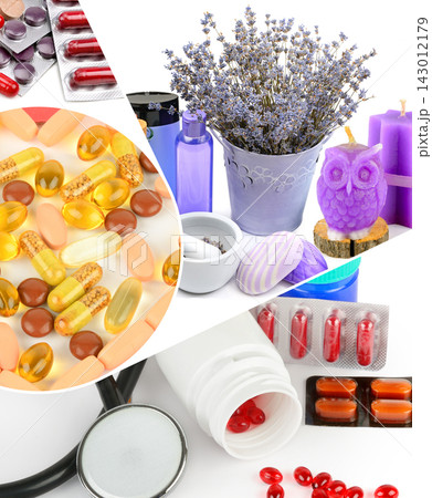 Photo collage comparing synthetic pharmaceutical medical products with natural aromatherapy spa remedies, vertical orientation shot isolated on white background. Photo collage comparing synthetic pharmaceutical medical products with natural aromatherapy spa remedies, vertical orientation shot isolated on white background. 143012179
