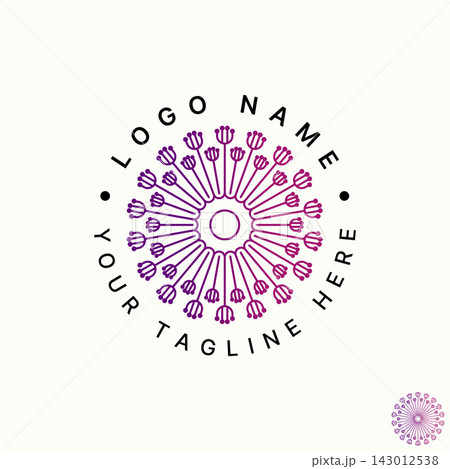 Elegant circular floral mandala badge suitable for beauty wellness luxury yoga lifestyle, spa, wellness, boutique, organic, and luxury brand identity. 143012538