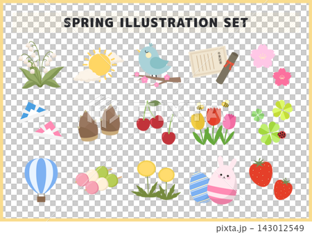 A set of vector illustrations featuring spring events and seasonal motifs such as cherry blossoms, graduation certificates, and tulips. A set of vector illustrations featuring spring events and seasonal motifs such as cherry blossoms, graduation certificates, and tulips. 143012549