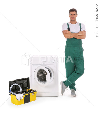 Repairman with toolbox near washing machine on white background Repairman with toolbox near washing machine on white background 143013277