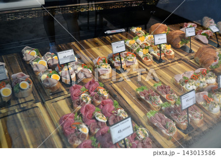 Wide view chlebicek open faced sandwich selection in prague deli window with varied toppings for menu background and food banner design Wide view chlebicek open faced sandwich selection in prague deli window with varied toppings for menu background and food banner design 143013586