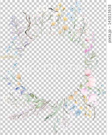 Watercolor floral frame with pastel wildflowers, isolated floral illustration for wedding stationery Watercolor floral frame with pastel wildflowers, isolated floral illustration for wedding stationery 143013638
