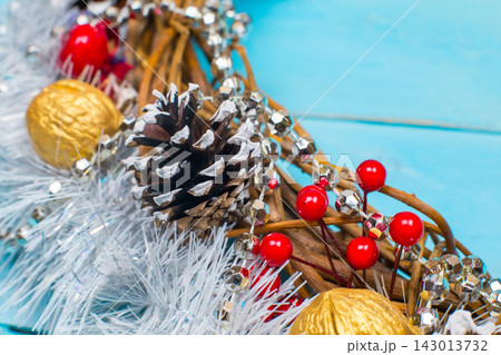Christmas beautiful wreath on a wooden table, New Year decoration, Christmas beautiful wreath on a wooden table, New Year decoration, 143013732
