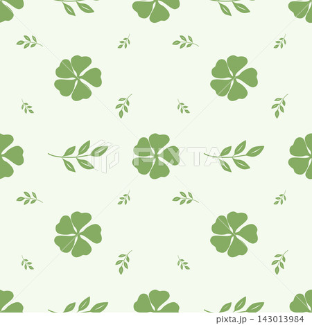 Four leaf clover and green leaves seamless pattern luck spring nature repeating texture wallpaper fabric print visual graphic clipart artwork design icon element illustration 143013984