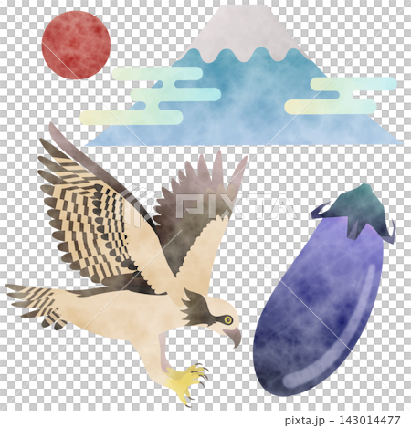Fuji, a hawk, and an eggplant (watercolor-style illustration) Fuji, a hawk, and an eggplant (watercolor-style illustration) 143014477