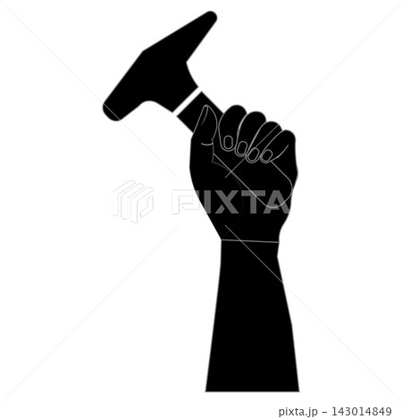 Hand holding hammer icon silhouette isolated on white background, carpentry and construction tool symbol. 143014849