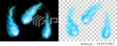 An illustration of three fireballs. A swirling light blue flame effect. An illustration of three fireballs. A swirling light blue flame effect. 143015463