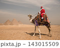 Father Christmas on an ornately saddled camel in wide profile view with all three ancient Giza pyramid monuments spanning the golden desert horizon 143015509