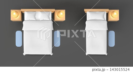 3d bed. Top view of blanket mockup, single sheet of bedclothes. White duvet cover, sleep mattress furniture, bedside tables and lamps, minimal interior vector cartoon render isolated set 3d bed. Top view of blanket mockup, single sheet of bedclothes. White duvet cover, sleep mattress furniture, bedside tables and lamps, minimal interior vector cartoon render isolated set 143015524