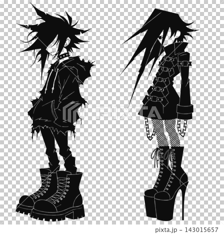 This high-contrast black-and-white character illustration features two stylized gothic figures in sharp, graphic streetwear and platform footwear This high-contrast black-and-white character illustration features two stylized gothic figures in sharp, graphic streetwear and platform footwear 143015657