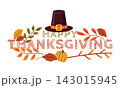 Happy Thanksgiving Day Horizontal Banner with Pilgrim Hat Pumpkin Leaves 143015945