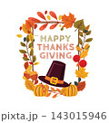 Happy Thanksgiving Frame Template with Pilgrim Hat Pumpkin Fall Leaves 143015946