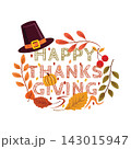 Happy Thanksgiving Wreath Logo with Pilgrim Hat Pumpkin Autumn Foliage 143015947