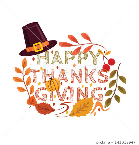Happy Thanksgiving Wreath Logo with Pilgrim Hat Pumpkin Autumn Foliage Happy Thanksgiving Wreath Logo with Pilgrim Hat Pumpkin Autumn Foliage 143015947