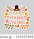 Happy Thanksgiving Day Lettering Sticker Pilgrim Hat Pumpkin Fall Leaves Vector 143015948