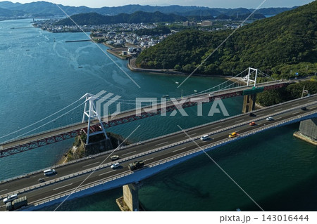 徳島県鳴門市の吊り橋と海峡を捉えた空撮写真 143016444