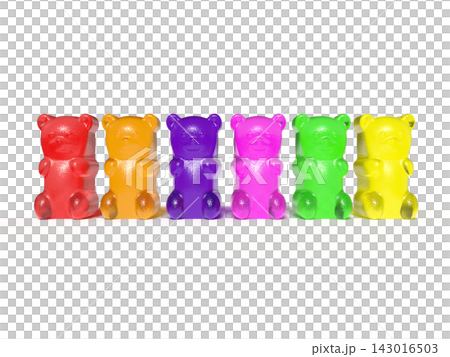 A 3DCG illustration of colorful gummy bears lined up, and a set of translucent jelly candies. A 3DCG illustration of colorful gummy bears lined up, and a set of translucent jelly candies. 143016503