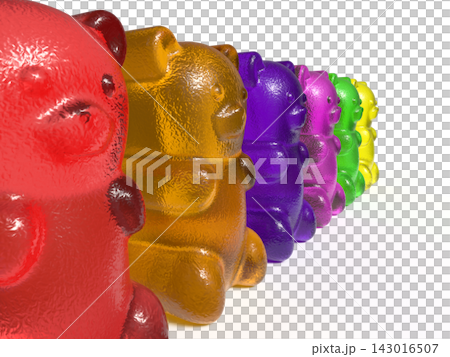 A 3DCG illustration of colorful gummy bears lined up, and a set of translucent jelly candies. A 3DCG illustration of colorful gummy bears lined up, and a set of translucent jelly candies. 143016507
